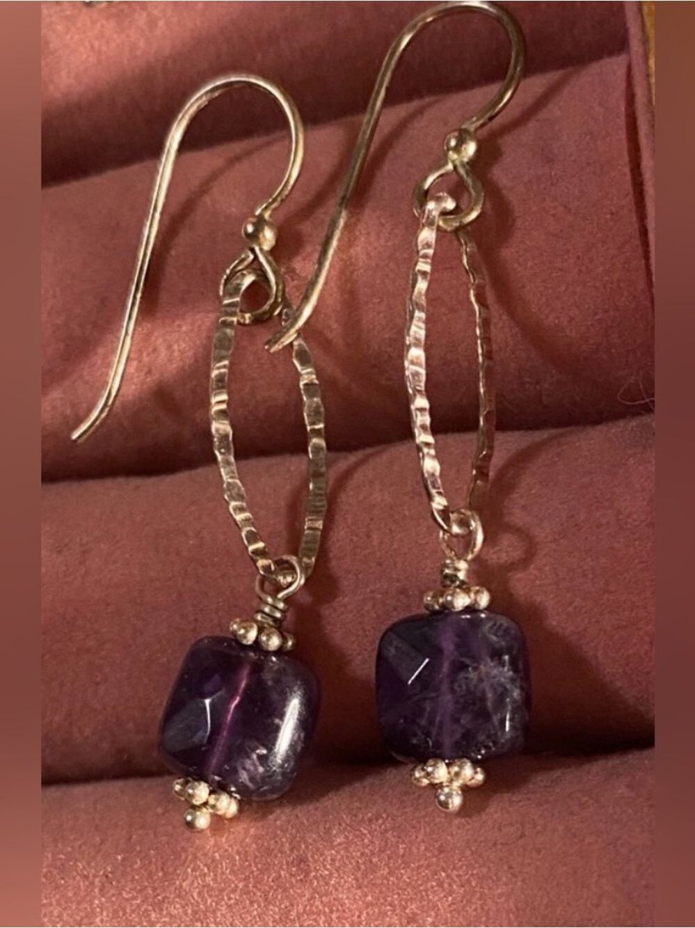 Hammered Sterling Oval with purple gem earrings